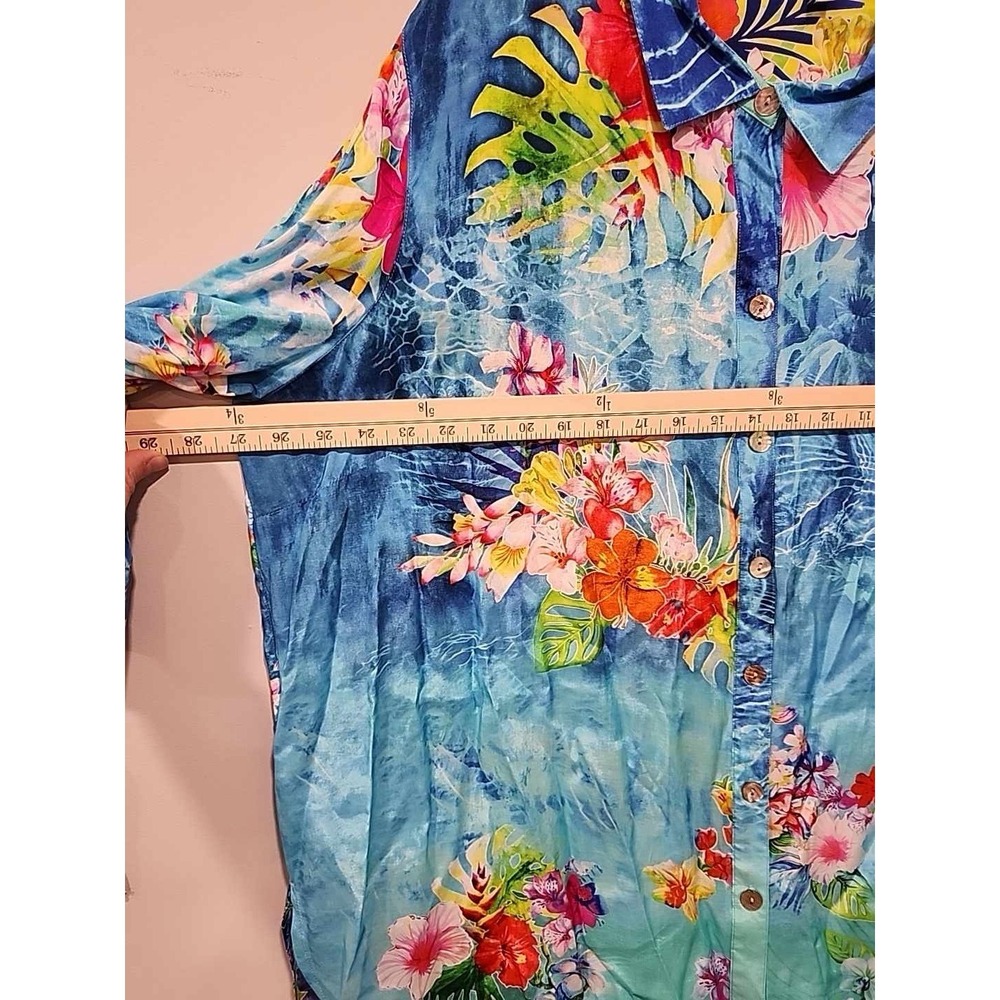 John Mark NWT Woman's 2xl Blue Tropical Button Up Collar Cinch Sleeve Tunic Top - Picture 9 of 9